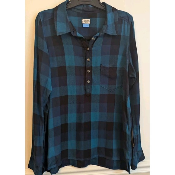 Kavu Womens Oversized Soft Flannel Shirt Size XS Teal Plaid Tunic Hiking Camping - Picture 2 of 6